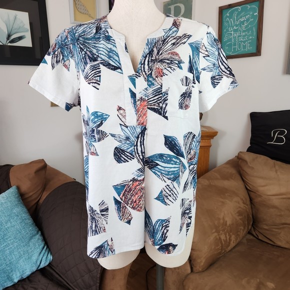 Van Heusen Tropical Print Linen Blend Popover Top Size L - Picture 1 of 4